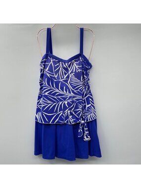 Vintage Maxine Of Hollywood Women's Blue Leaf Print Tankini Swimsuit Size 12